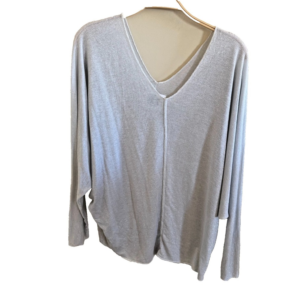 Free For Humanity Womens Top Metallic Trim Long Sleeve V-Neck Silver L